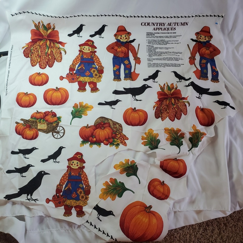 Country Autumn Applique Fabric Panel Cranston DIY Scarecrow Leaves Black Crow